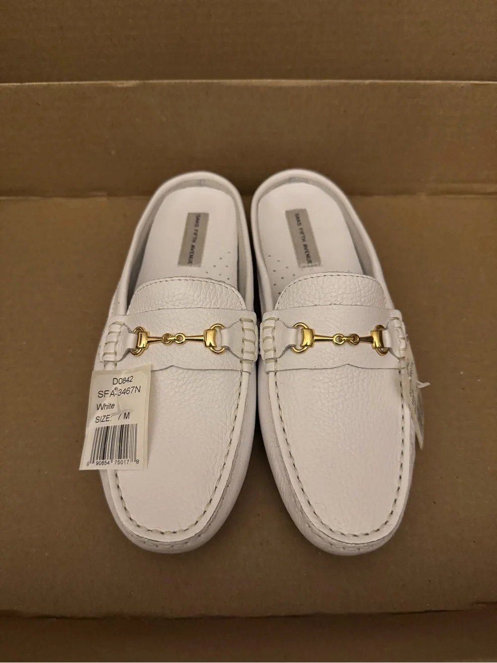 Saks Fifth Avenue Genuine Leather Backless White Slip-On Loafers Shoes 7B NWT